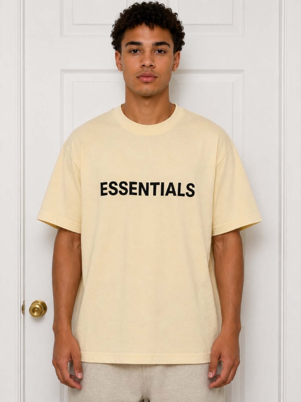Size L ESSENTIALS Logo Beige Crew Neck Short Sleeve Tee